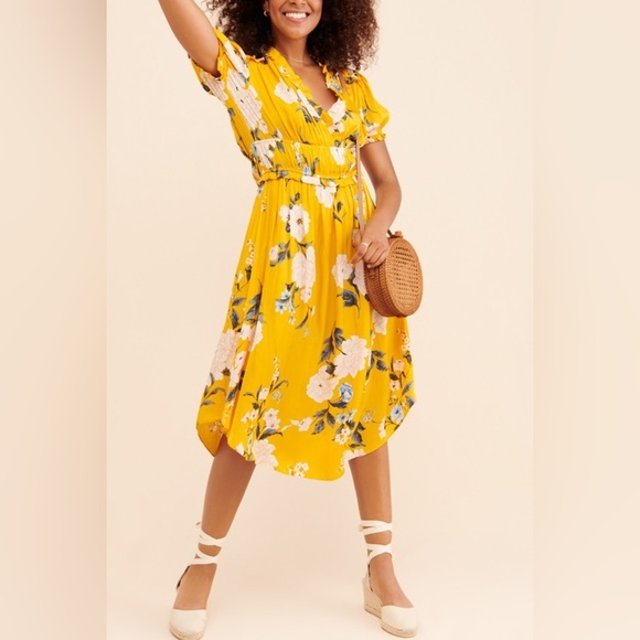 ANTHROPOLOGIE Current Air Marigold V Neck Japanese Floral Canary Midi Dress - Picture 2 of 10